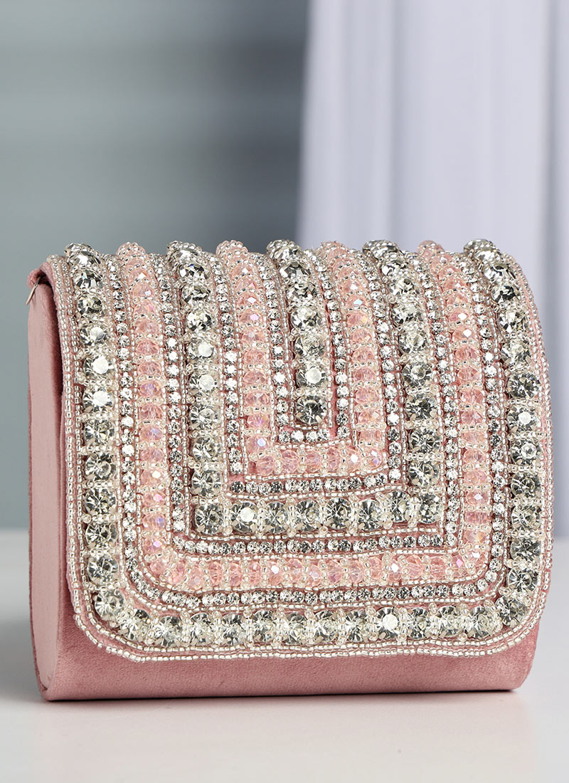 Pink Suede Crystals Clutch Party Wear