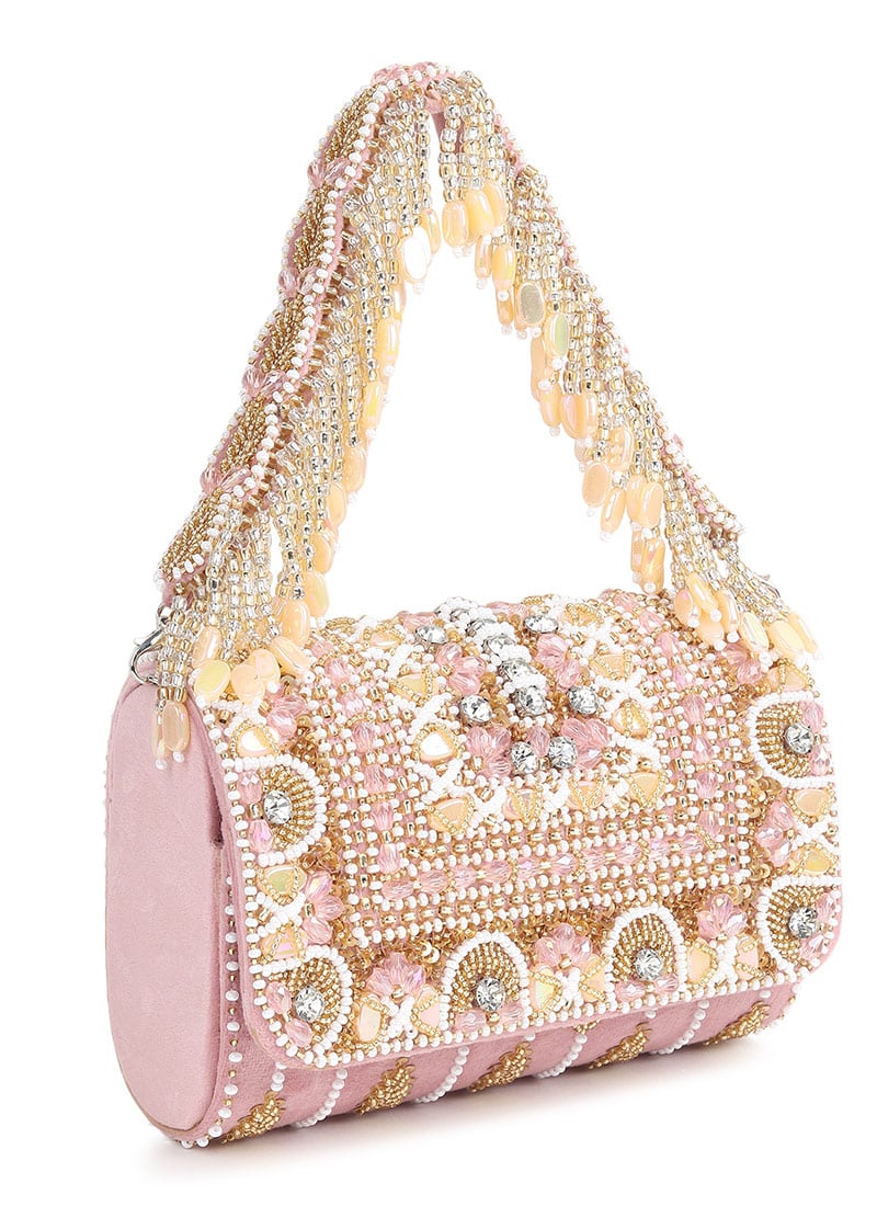 Pink Suede Kundan With Moti Sling Bag Wedding Wear