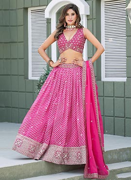 Pink Tabby Silk Leheriya Print Sequins Embroidered Lehenga