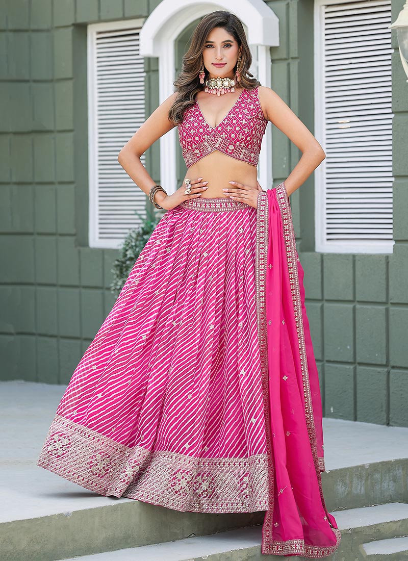 Pink Tabby Silk Lehetiya Print Sequins Embroidered Lehenga Wedding Wear