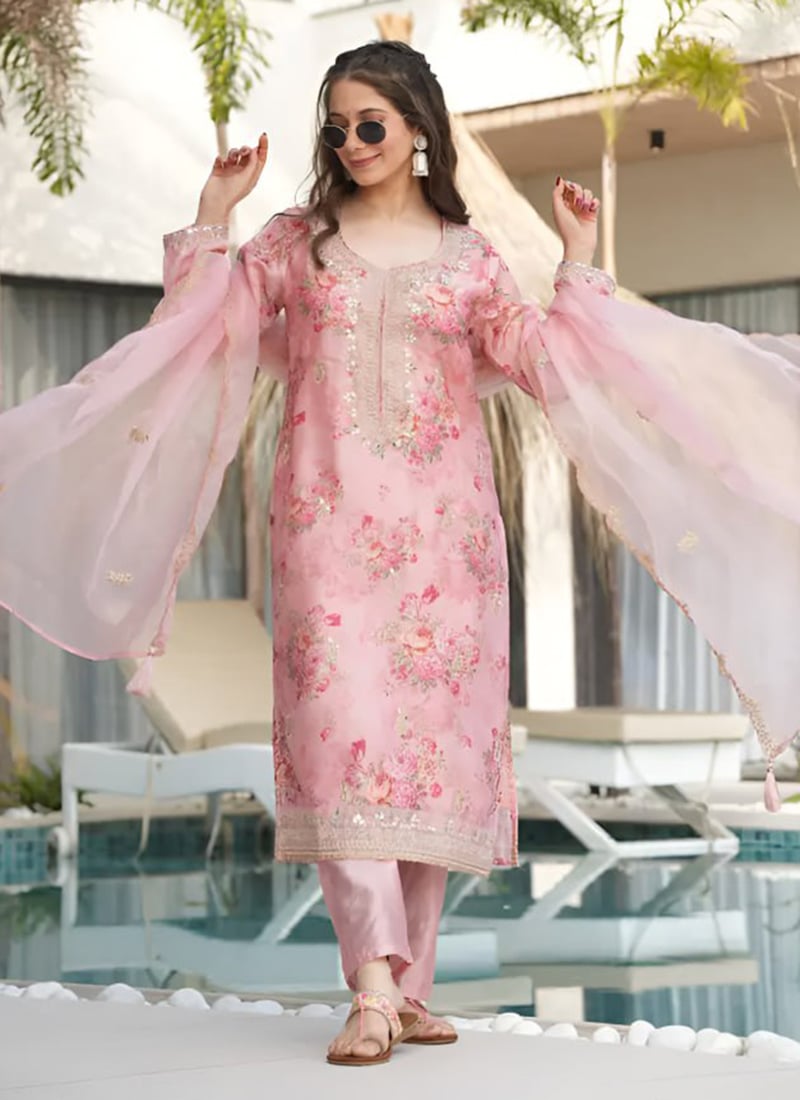 Pink Tabby Silk Straight Pant Suit With Embroidery Mirror Work And Floral Digital Print Festive Wear