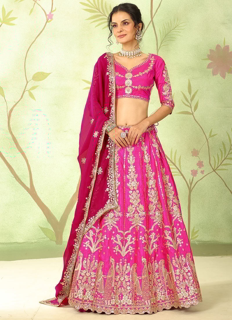 Pink Taffeta Silk Zari Embroidered Sequins Lehenga Wedding Wear