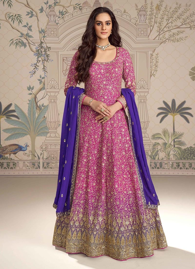 Pink Thread Embroidered Sequins Anarkali Suit Festive Wear