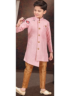 Pink Thread Sequins Kids Boys Indowestern Sherwani