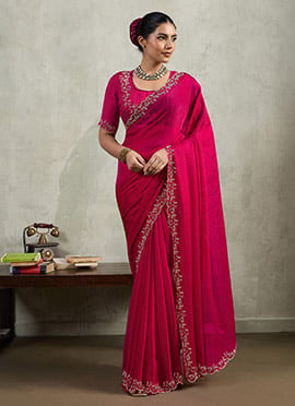 Pink Tikki Work Chinon Saree