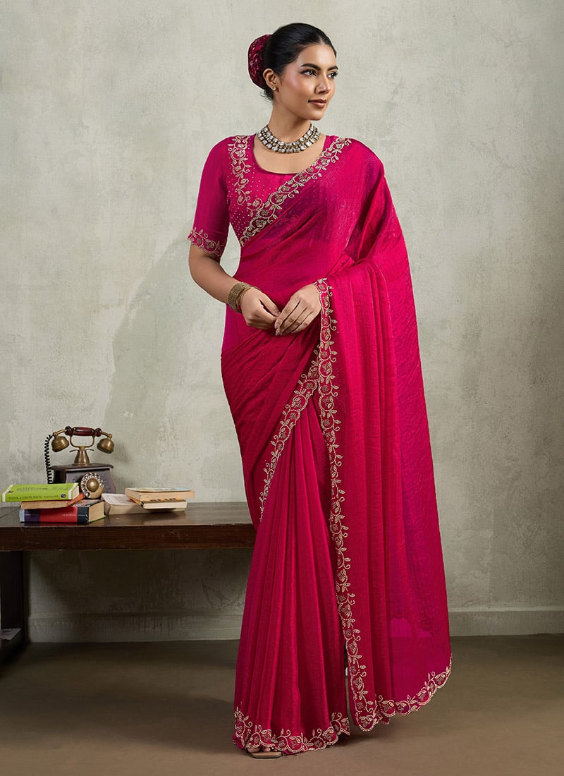 Pink Tikki Work Chinon Saree Festive Wear