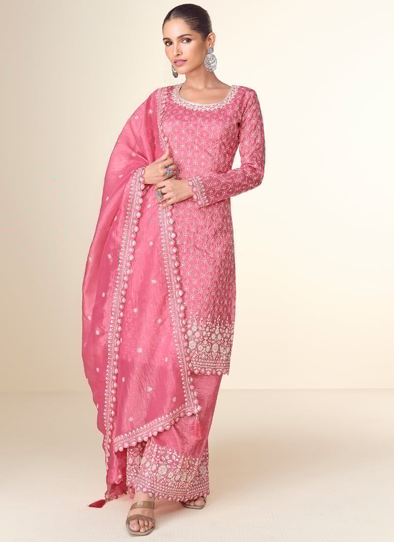 Pink Tissue Crush Embroidered Sequins Palazzo Suit Festive Wear