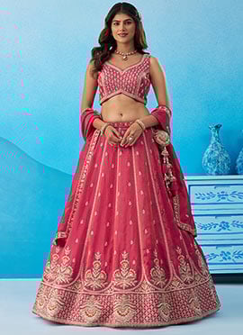 Pink Tissue Embroidered Sequins Beads Zari Lehenga