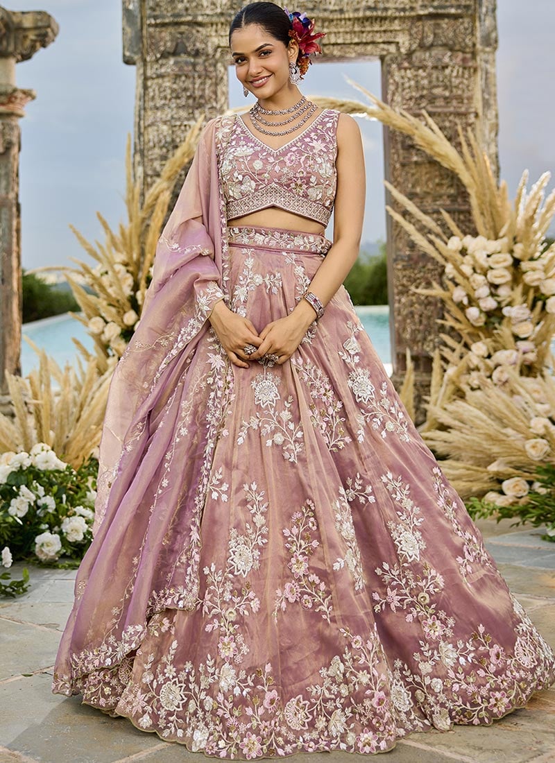 Pink Tissue Embroidered Sequins Lehenga Wedding Wear