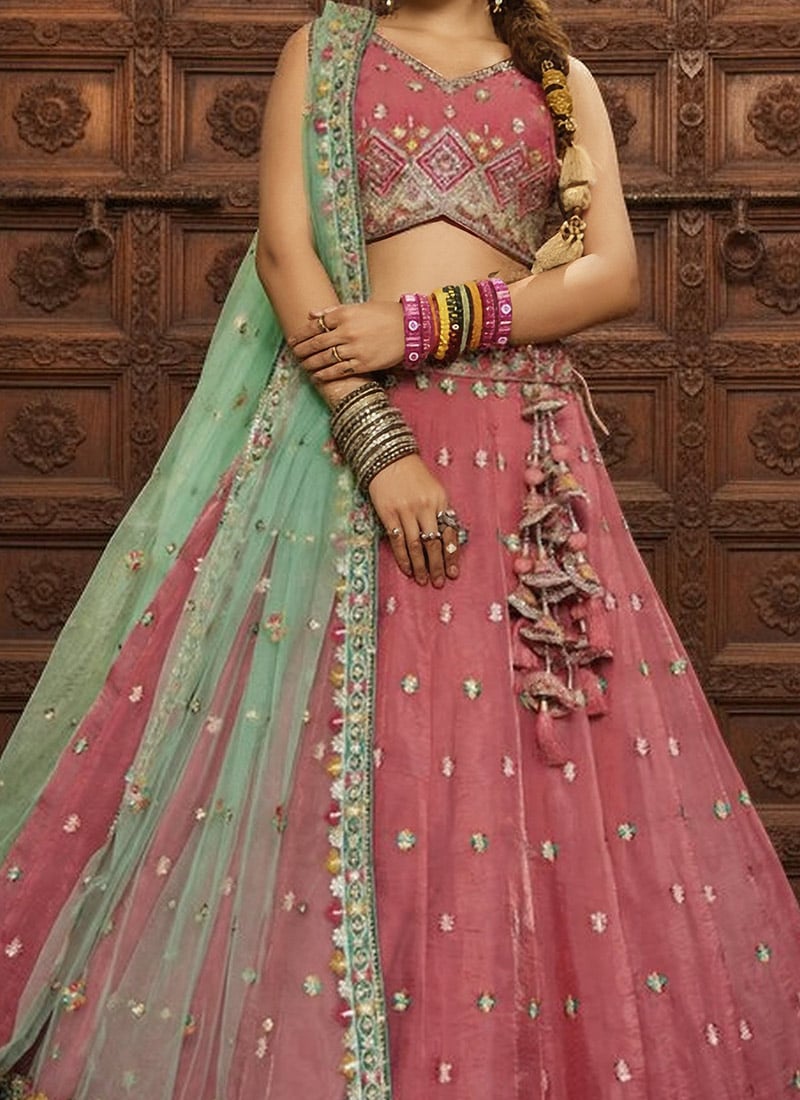 Pink Paisley Pattern Silk Lehenga with Embroidery, Sequin, Pearl & Zari Work Blouse & Dual Dupatta Set - Buy