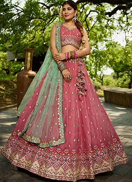 Pink Tissue Embroidered Sequins Lehenga Wedding Wear