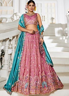 Pink Tissue Embroidered Sequins Lehenga Wedding Wear
