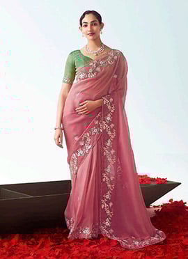 Pink Tissue Embroidered Sequins Saree