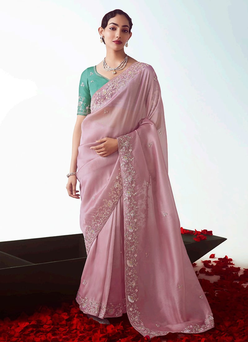 Pink Tissue Embroidered Sequins Saree Festive Wear