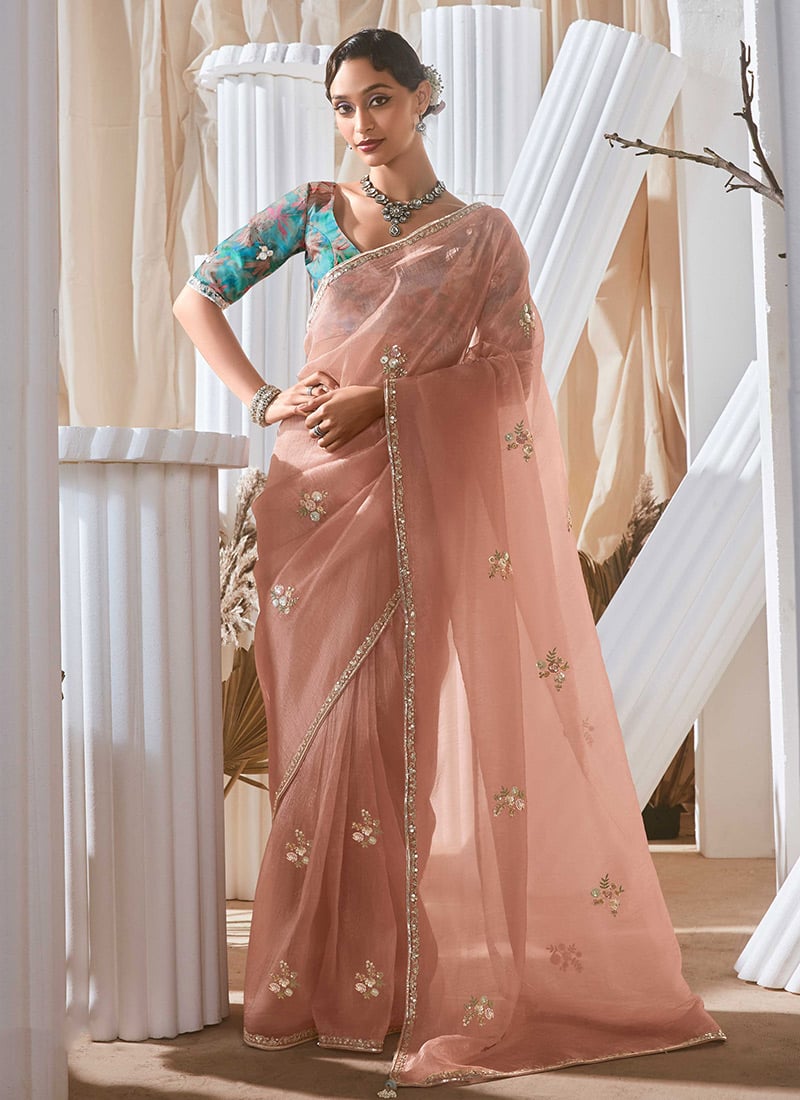 Pink Tissue Embroidered Sequins Saree With Digital Print Blouse Festive Wear