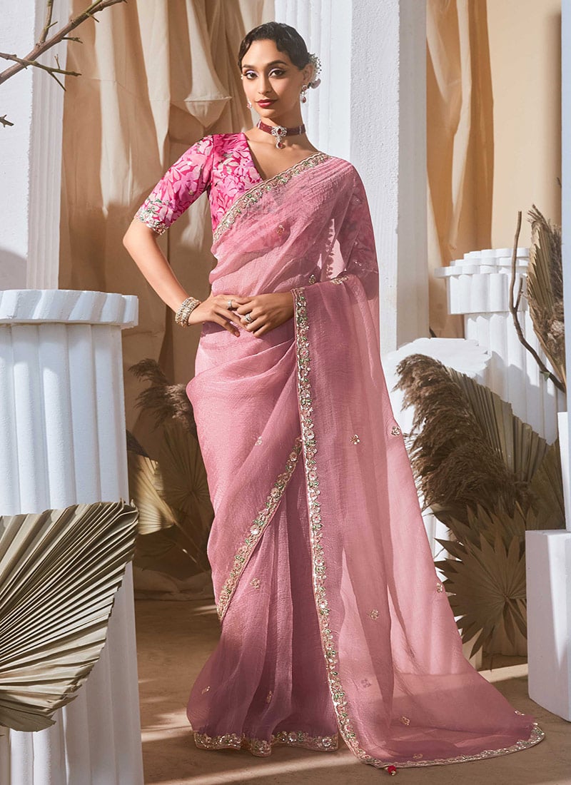 Pink Tissue Embroidered Sequins Saree With Digital Print Blouse Festive Wear