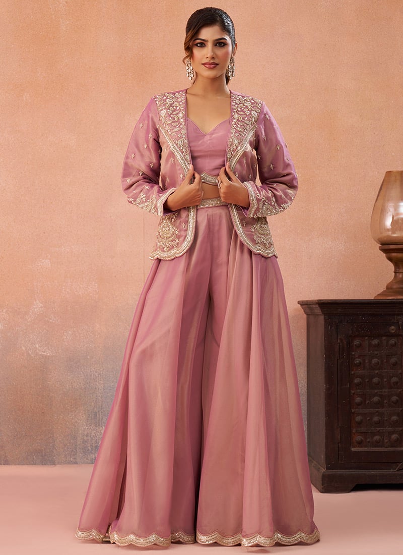 Pink Tissue Embroidered Sequins With Beads Work Jacket Palazzo Crop Top Set Wedding Wear
