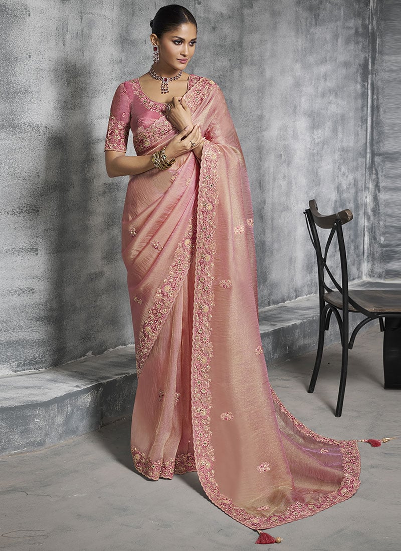 Pink Tissue Embroidered Sequins With Stone And Beads Work Saree  Wedding Wear