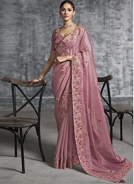 Pink Tissue Embroidered Sequins With Stone And Beads Work Saree