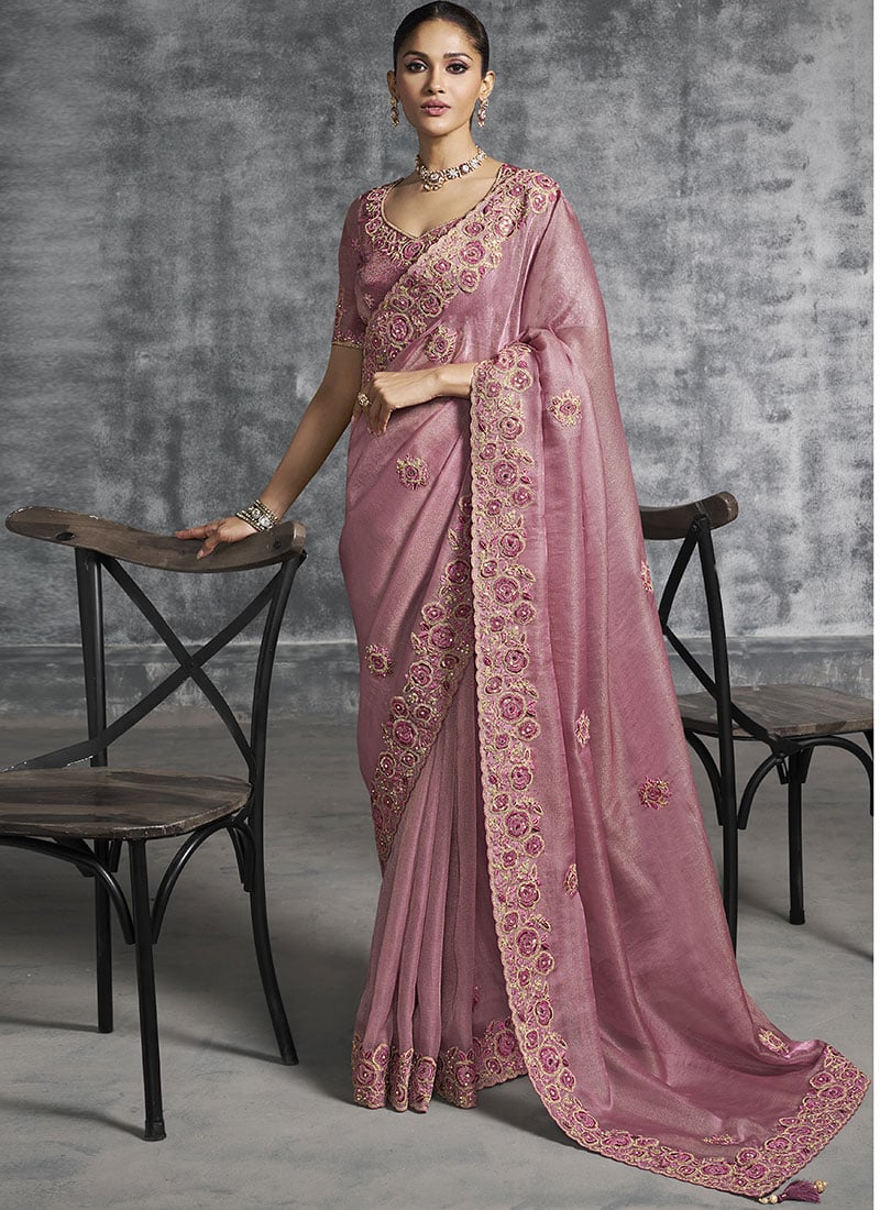 Pink Tissue Embroidered Sequins With Stone And Beads Work Saree  Wedding Wear