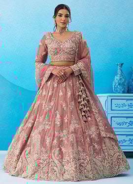 Pink Tissue Embroidered Sequins Zari Beads Work Lehenga