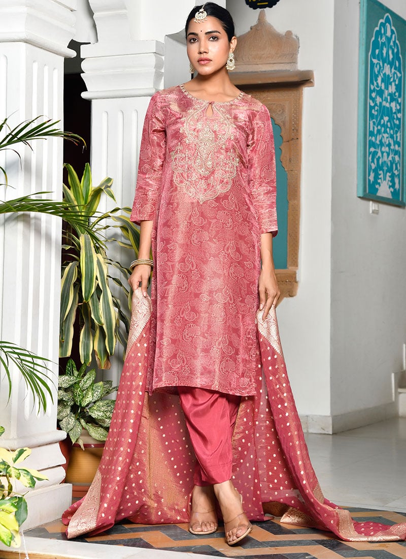 Pink Tissue Floral Print Embroidered Sequins Straight Pant Suit  After Six Wear