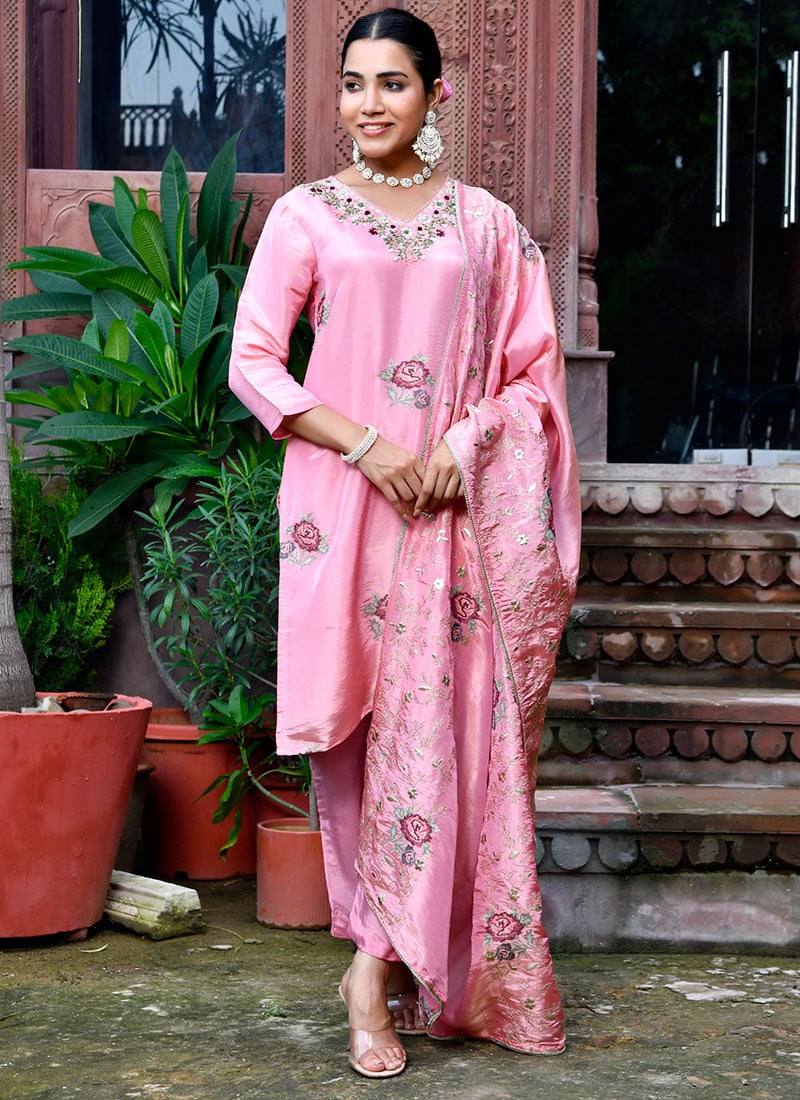 Pink Tissue Floral Print Embroidered Sequins Straight Pant Suit