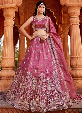 Pink Tissue Hand Work Embroidered Sequins Lehenga
