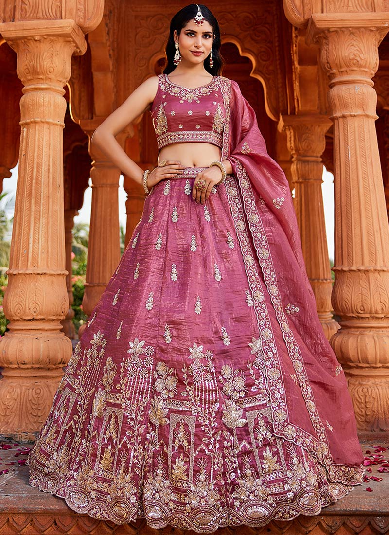 Pink Tissue Hand Work Embroidered Sequins Lehenga Wedding Wear