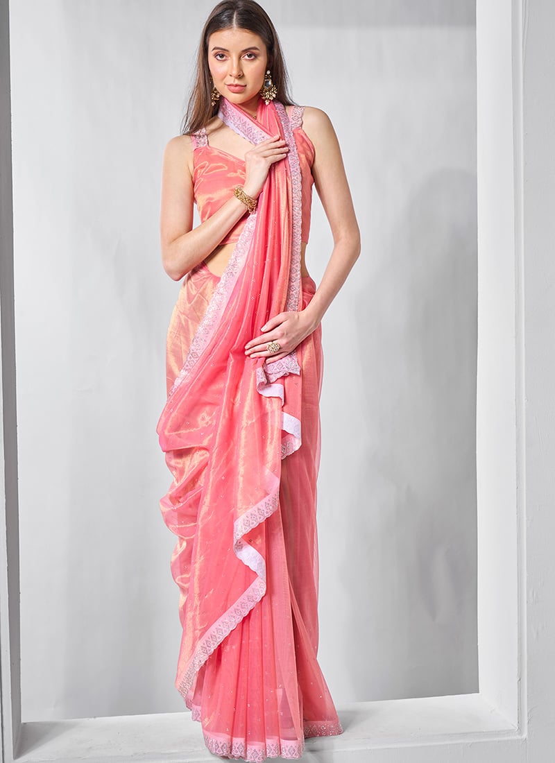 Pink Tissue Net Stones Saree After Six Wear