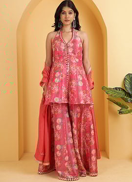 Pink Tissue Organza Digital Print Mirror Work With Hand Embroidered Sequins Sharara Suit