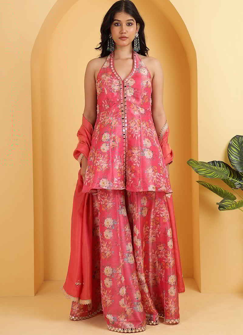 Pink Tissue Organza Digital Print Mirror Work With Hand Embroidered Sequins Sharara Suit Festive Wear