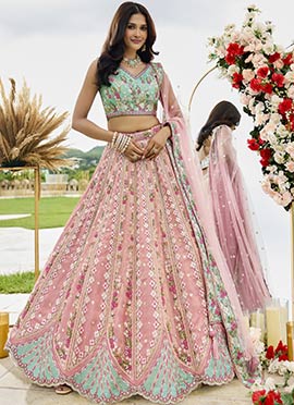 Pink Tissue Sequins Embroidered Stones Cut Work Umbrella Lehenga Wedding Wear