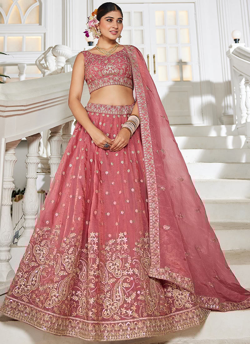 Pink Tissue Sequins Embroidered Zari Lehenga Set