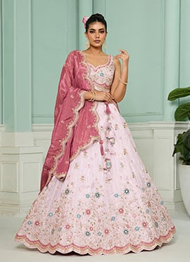 Pink Tissue Sequins Stones Beads Embroidered Cut Work Umbrella Lehenga Wedding Wear