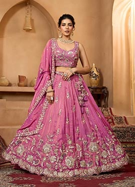 Pink Tissue Sequins Stones Embroidered Cut Work Umbrella Lehenga Wedding Wear