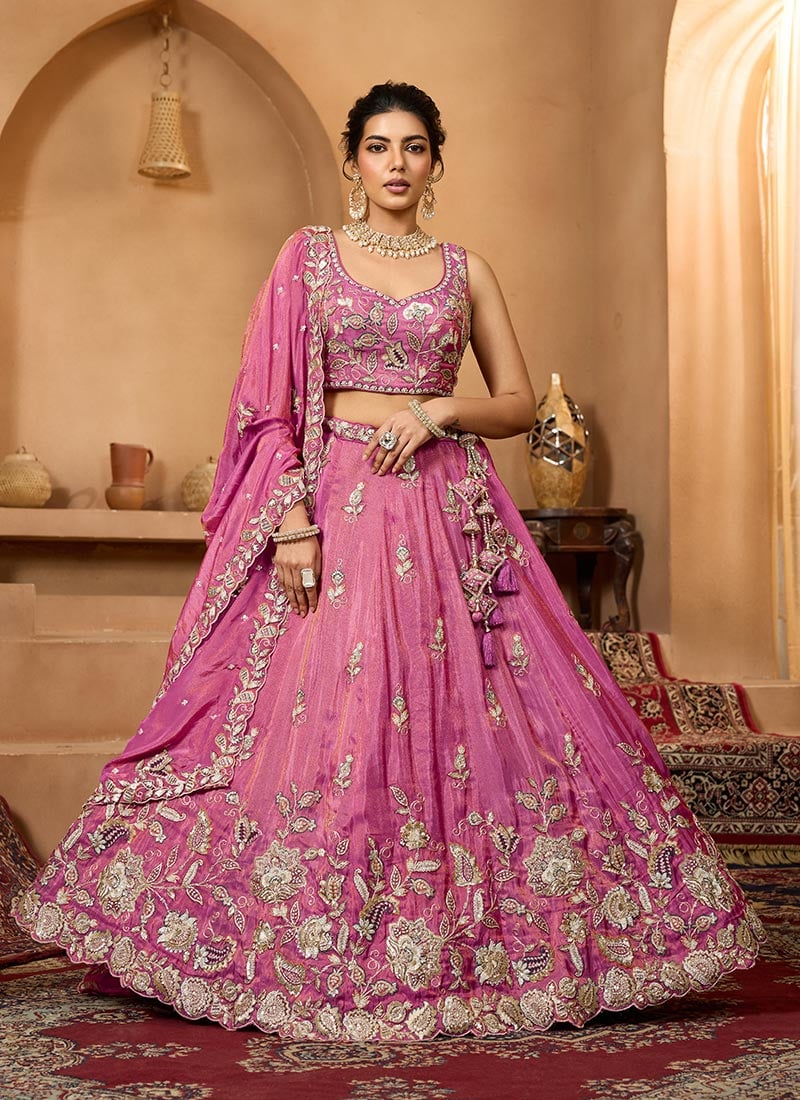 Pink Tissue Sequins Stones Embroidered Cut Work Umbrella Lehenga Wedding Wear