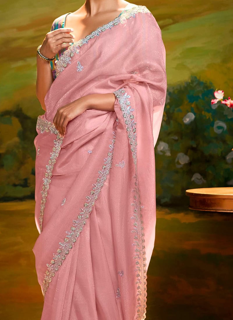 Tissue Silk Saree with Embroidery, Sequin, and Mirror Work Border – Festive Saree for Women main image 1