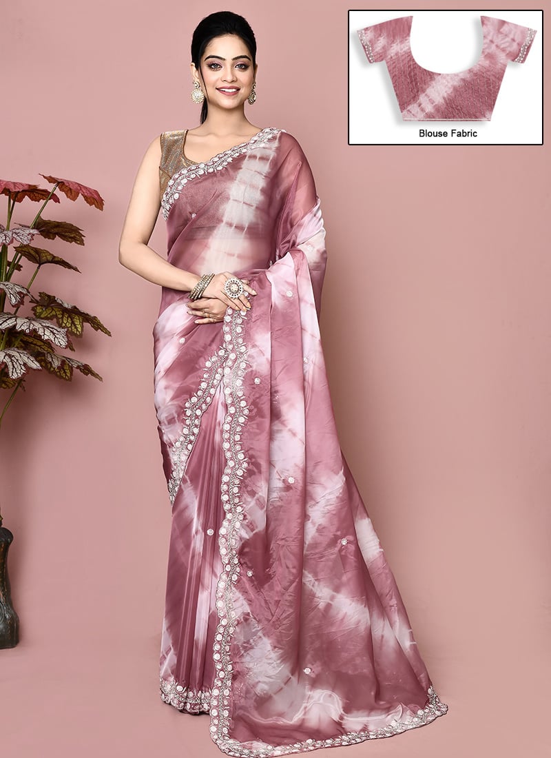Pink Tissue Silk Hand Embroidered Saree Wedding Wear