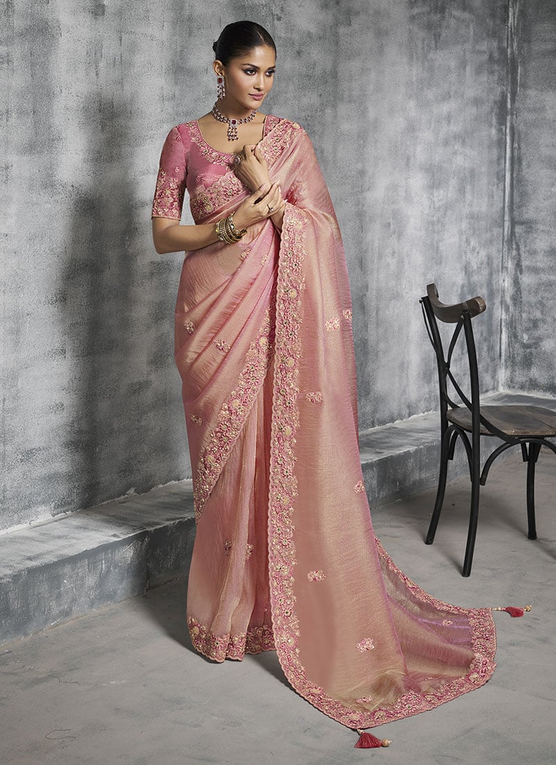 Pink Tissue Silk Resham Sequins Embroidered Stones Beads Zari Saree Wedding Wear