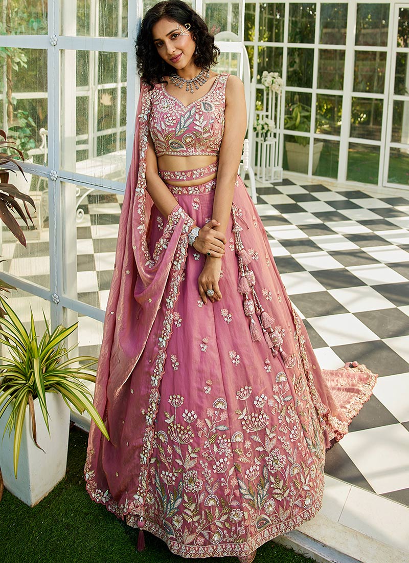 Pink Tissue Silk Stone And Moti Work With Embroidered Sequins Lehenga Wedding Wear
