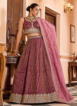 Pink Tissue Silk Zari Embroidered Sequins Lehenga