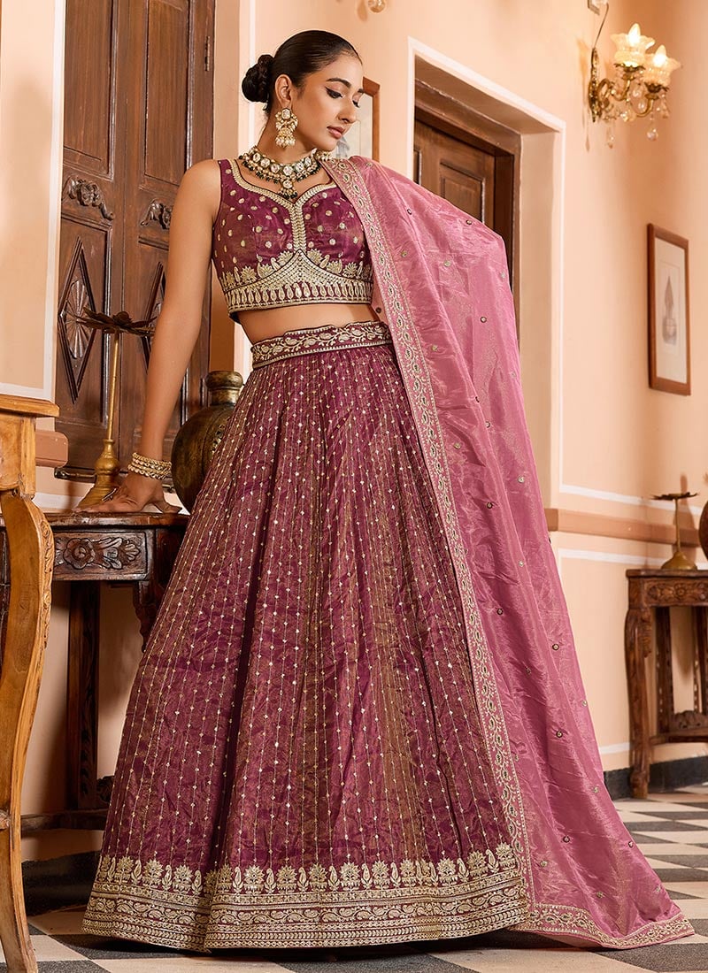 Pink Tissue Silk Zari Embroidered Sequins Lehenga Wedding Wear