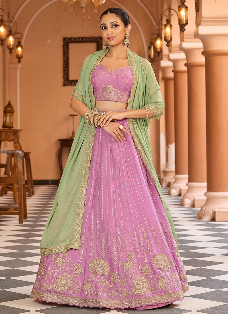 Pink Tissue Silk Zari Embroidered Sequins Lehenga Wedding Wear