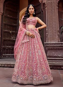 Pink Tissue Silk Zari Embroidered Sequins Lehenga