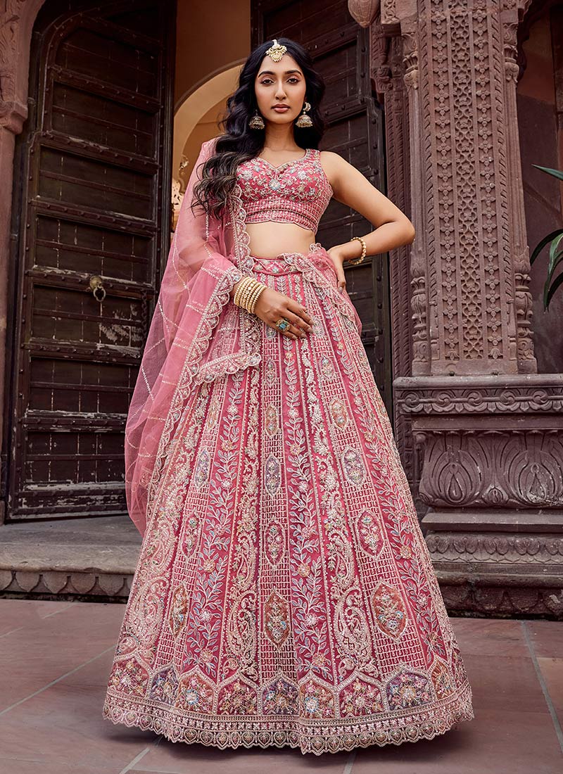 Pink Tissue Silk Zari Embroidered Sequins Lehenga