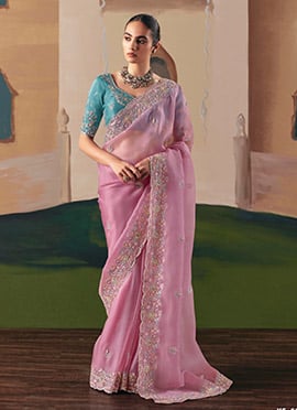 Pink Tissue Silk Zari Embroidered Sequins Saree