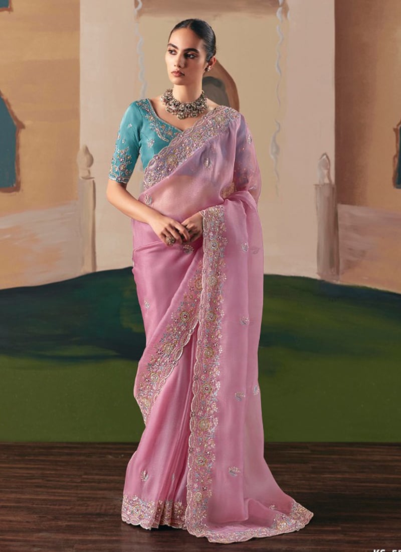 Pink Tissue Silk Zari Embroidered Sequins Saree Festive Wear
