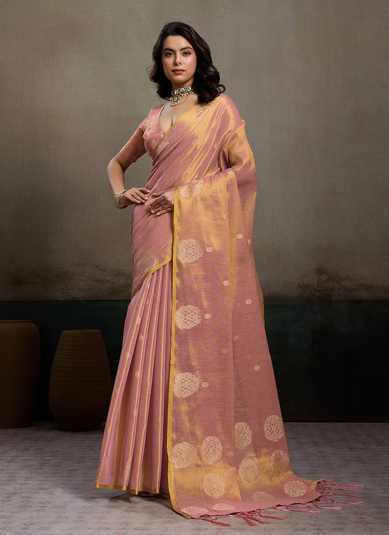 Pink Tissue Silk Zari Jacquard Woven Saree Festive Wear