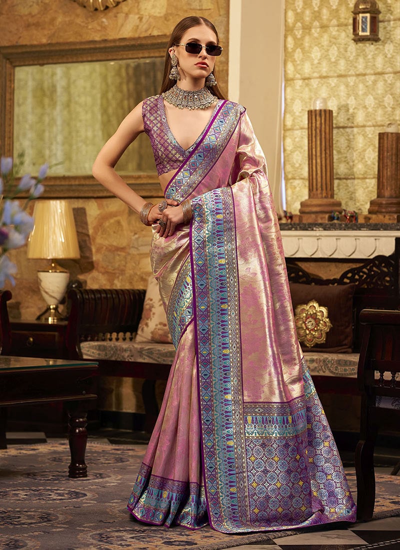 Pink Tissue Silk Zari Woven Saree Festive Wear